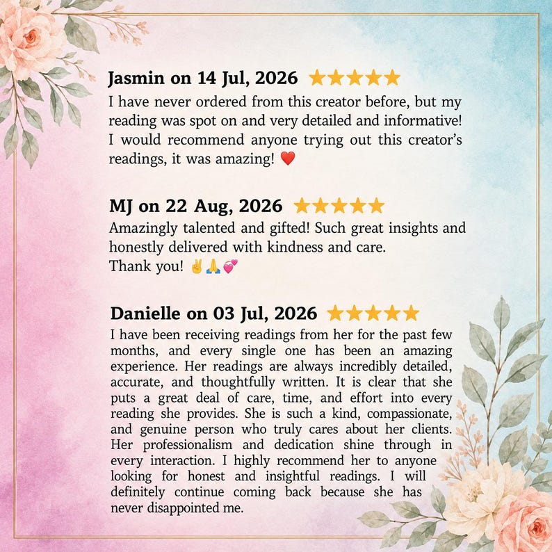 May include: A digital graphic featuring three five-star customer reviews with floral watercolor borders in pink and blue. The text includes testimonials from Jasmin, MJ, and Danielle, praising the detailed, accurate, and insightful nature of the readings.