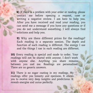 May include: A rectangular informational card with a soft pink and blue watercolor background featuring floral accents. The text outlines policies for readings, including contact instructions, pricing explanations, privacy guarantees, and the nature of the service.