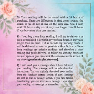 May include: A digital information card with a pink and blue watercolor background and floral accents. The text outlines policies for reading delivery times, working hours, and digital download instructions, including the URL grandmakaylee.etsy.com.