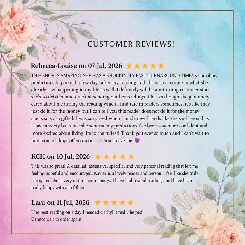 May include: A digital graphic featuring the text CUSTOMER REVIEWS! followed by three five-star testimonials from Rebecca-Louise, KCH, and Lara. The background is a soft watercolor gradient of blue and pink, framed by delicate floral illustrations.