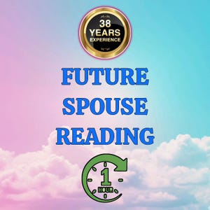 Könnte beinhalten: Ein Bild mit dem Text „FUTURE SPOUSE READING“. Es enthält auch eine Grafik mit dem Text „38 YEARS EXPERIENCE“ und eine Grafik einer Uhr mit dem Text „1 HOUR“. Der Hintergrund ist ein Farbverlauf aus Rosa, Blau und Weiß.