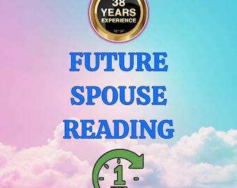 May include: A digital graphic with a pink and blue gradient background featuring white clouds at the bottom. A gold circular badge reads 38 YEARS EXPERIENCE. Blue text reads FUTURE SPOUSE READING. A green clock icon indicates 1 HOUR duration.