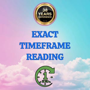 Puede incluir: Imagen con texto: "EXACT TIMEFRAME READING". Una insignia circular indica "38 YEARS EXPERIENCE". Un gráfico de reloj verde indica "1 HOUR". El fondo es un degradado de nubes rosas, azules y blancas.