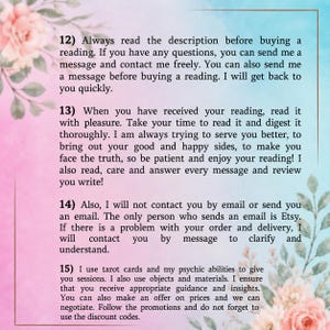 May include: A digital information card with a soft pink and blue watercolor background featuring floral accents. The text provides instructions for tarot reading services, covering communication policies, reading expectations, email protocols, and service details.
