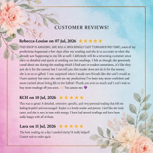 May include: A digital graphic featuring the text CUSTOMER REVIEWS! followed by three five-star testimonials from Rebecca-Louise, KCH, and Lara. The background is a soft watercolor gradient of blue and pink, framed by delicate floral illustrations.