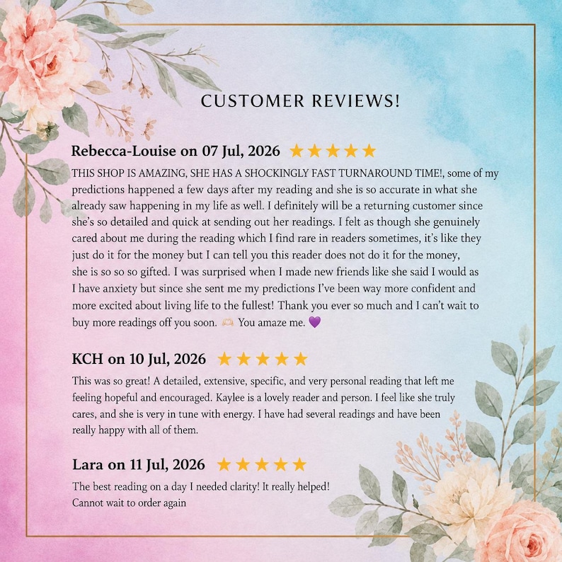 May include: A digital graphic featuring the text CUSTOMER REVIEWS! followed by three five-star testimonials from Rebecca-Louise, KCH, and Lara. The background is a soft watercolor gradient of blue and pink, framed by delicate floral illustrations.