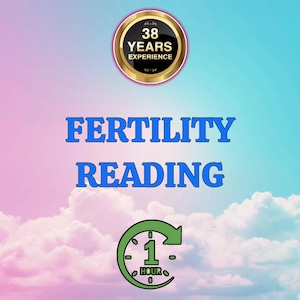 以下が含まれることがあります： 青色の「FERTILITY READING」という文字が空のような背景に配置されたデジタルグラフィック。円形のバッジには「38 YEARS EXPERIENCE」と書かれています。緑色の時計グラフィックは1時間の期間を示しています。