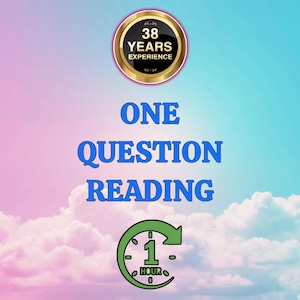 Peut inclure: Image avec un fond de ciel pastel et des nuages blancs. Le texte bleu indique "ONE QUESTION READING". Un graphique circulaire indique "38 YEARS EXPERIENCE". Un graphique d'horloge vert indique une durée d'une heure.
