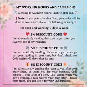 May include: An informational graphic with a pink and blue gradient background featuring text about working hours from 11am to 5pm EST, seven days a week, and details regarding three separate 5% discount codes for favoriting, carting, or ordering.