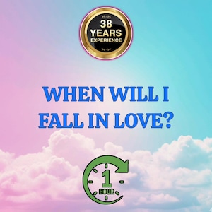 以下が含まれることがあります： パステルカラーの空と白い雲を背景にした画像です。「WHEN WILL I FALL IN LOVE?」というテキストは青色です。円形のグラフィックには「38 YEARS EXPERIENCE」と書かれています。緑色の時計グラフィックには「1 HOUR」と表示されています。