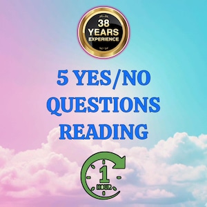 Puede incluir: Imagen con fondo azul cielo y rosa. El texto dice "5 PREGUNTAS SÍ/NO LECTURA". Un círculo negro con borde dorado indica "38 AÑOS DE EXPERIENCIA". Un gráfico de reloj verde indica una duración de una hora.