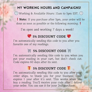 May include: An informational graphic with a pink and blue gradient background featuring text about working hours from 11am to 5pm EST, seven days a week, and details regarding three separate 5% discount codes for favoriting, carting, or ordering.