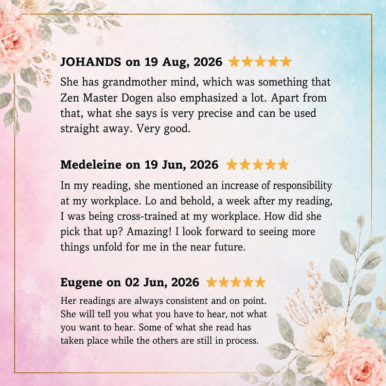 May include: A customer review graphic featuring three five-star testimonials from JOHANDS, Medeleine, and Eugene. The text is set against a soft watercolor background with pink and blue floral illustrations and a thin gold border frame.