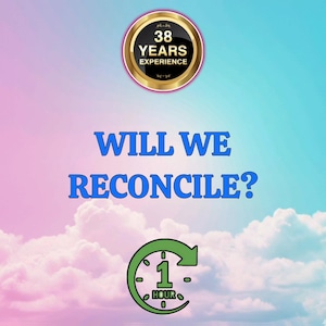 May include: A graphic image with a pink and blue gradient background featuring white clouds at the bottom. At the top, a gold circular badge reads 38 YEARS EXPERIENCE. The text WILL WE RECONCILE? appears in blue, above a green clock icon with 1 HOUR.