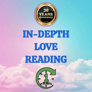 May include: A digital graphic with a pink and blue sky background featuring a circular gold badge that reads 38 YEARS EXPERIENCE. Below this, the text IN-DEPTH LOVE READING appears in blue, followed by a green clock icon with the text 1 HOUR.