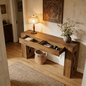 Solid Wood Console Table, Farmhouse Entryway Table with 2 drawers for Living Room