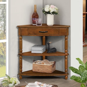 3 Tier Corner End Table, Solid Wood Legs, Small Space Storage