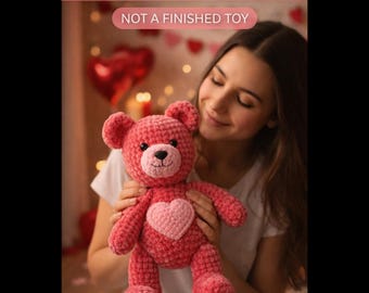 Modello all'uncinetto per orsacchiotto di San Valentino, orsetto amigurumi con cuore, peluche in ciniglia