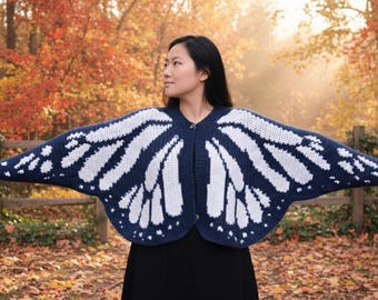 Cardigan all'uncinetto con farfalla monarca, maglione oversize con ali