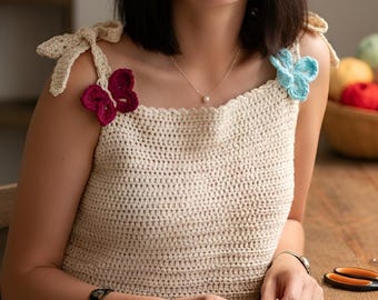 Modello per top all'uncinetto a forma di farfalla, canotta color crema Boho, download PDF