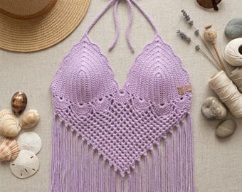 Top corto all'americana per festival all'uncinetto, top estivo con volant e coulisse