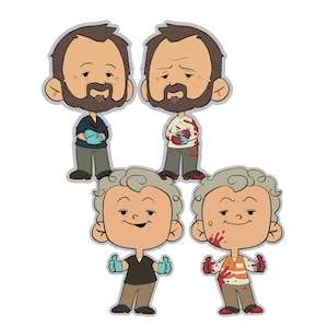 May include: A cartoon illustration featuring four figures with varying expressions and attire. Two figures have brown hair and beards, one with a blue shirt and the other with a white shirt. The other two figures have gray hair and are wearing black and orange shirts.