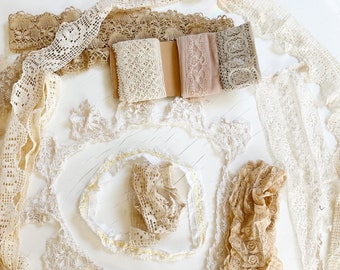 Antique & Vintage lot of 14 Lace Trims, Crochet Collars, Ribbons