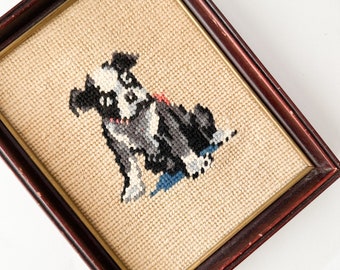 Vintage Boston Terrier Framed Needlepoint Art