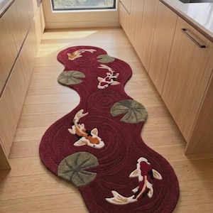 Koi Fish Runner Rug, Serene Pond Area Carpet, Hand Tufted Artistic Rug, Unique Kitchen Runner, Zen Home Decor, Nature Inspired Floor Art,