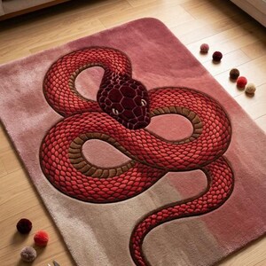 Alfombra con diseño de serpiente, alfombra de lana tejida a mano, decoración personalizada de serpiente rojo granate, alfombra única, alfombra de lujo con diseño de animales, alfombra artesanal para sala de estar.