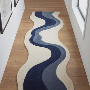 Hand Tufted Abstract Runner Rug, Modern Blue Wave Hallway Rug 2x6 2x8, Ivory Navy Contemporary Runner, Irregular Shape Hallway Carpet