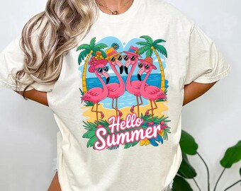 Hello Summer Shirt PNG, Flamingo Beach Graphic, Tropical Summer Tee Design, Pink Flamingo Vacation Png, Coastal Beach Sublimation PNG