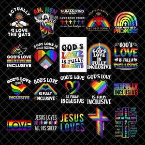 Puede incluir: Una colección de diseños gráficos coloridos con temas religiosos y LGBTQ+. Los diseños incluyen arcoíris, corazones y texto como "God's Love is Fully Inclusive", "Jesus Loves" y "I Love the Gays."