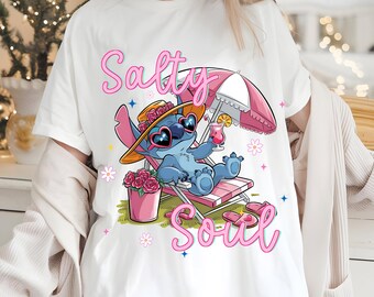 Salty Soul Shirt PNG, Beach Stitch Summer Graphic, Coastal Vacation Tee, Pink Beach Aesthetic Shirt, Ocean Lover Sublimation Design