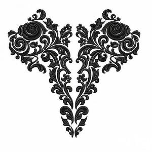 May include: Black embroidered floral design on a white background. The symmetrical design features swirling leaves, flowers, and scrollwork. The embroidery is dense and detailed, creating a textured appearance. The design is suitable for apparel or home decor.