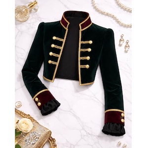 Luxus Samt Damen Militär Jacke | Grüner Kurzer Blazer Goldknöpfe | Vintage Husaren Mantel