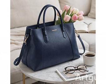 Navy Leather Tote Bag for Women | Elegant Work Handbag with Strap | Office Bag