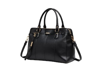 Bolso de mano negro de piel auténtica para mujer / Bolso de oficina de lujo con herrajes dorados / Bolso bandolera