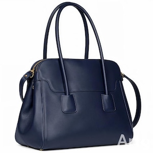 May include: A navy blue leather tote bag with two top handles and a detachable shoulder strap. The bag has a rectangular shape with a gold zipper closure and a structured design. The bag is suitable for everyday use.