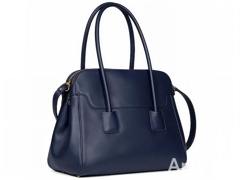 May include: A navy blue leather tote bag with two top handles and a detachable shoulder strap. The bag has a rectangular shape with a gold zipper closure and a structured design. The bag is suitable for everyday use.