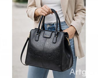 Structured Black Leather Tote Bag – Elegant Office Handbag