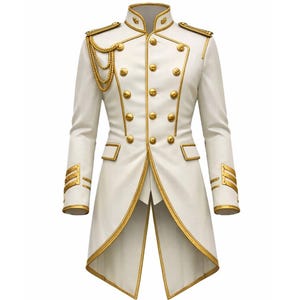 Puede incluir: Un abrigo blanco de estilo militar con ribetes y botones dorados. El abrigo presenta un cuello alto, charreteras y detalles de cadena dorada. El abrigo largo tiene un corte entallado y es adecuado para disfraces o vestimenta formal.