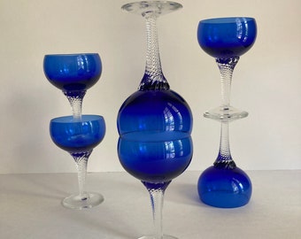 Vintage Blue Cocktial Glasses w/Clear Twisted Stems - Set of 6