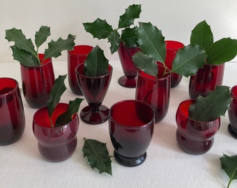 Vintage Glasses Royal Ruby Red Cordial/Eggnog/Cocktail/Punch/Juice/Whiskey glasses Set of 12 Mismatched Design