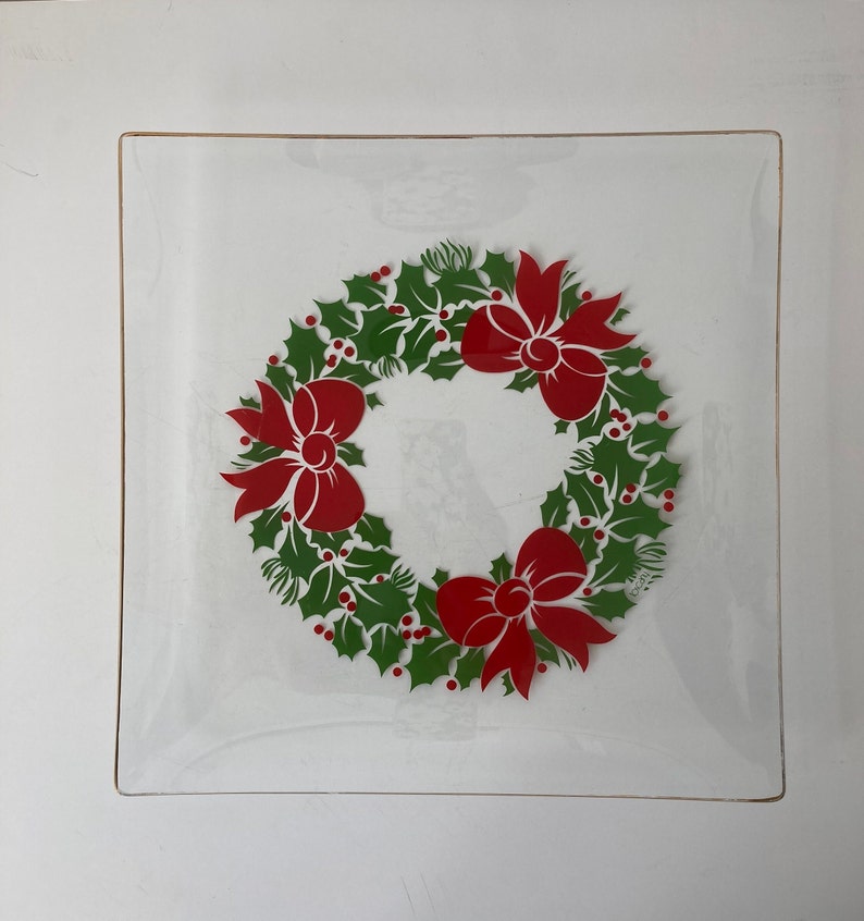 Vintage Christmas Holiday Holly Design Square Platter Serving Plate by Toscany image 1