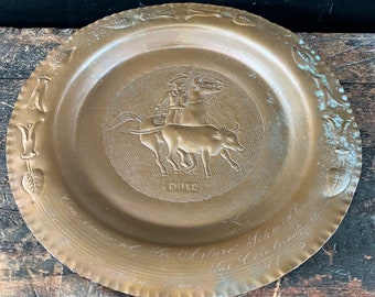 Vintage Copper Commerative Cowboy & Bull Plate Made in Chile