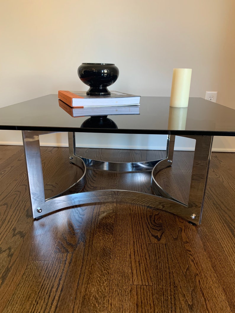 Milo Baughman Style 70's Smoked Glass Chrome Coffee Table Square Mid Century Modern Minimalist Designer image 2