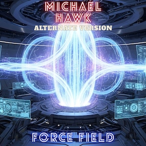Puede incluir: Obra de arte digital con el texto "MICHAEL HAWK" en neón rojo, y "ALTERNATE VERSION" sobre un campo de energía azul central. La parte inferior dice "FORCE FIELD" en neón azul, sobre un fondo tecnológico futurista.