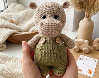 Crochet Hippo in Overalls Pattern, Amigurumi Hippo Doll PDF, Stuffed Animal Toy, Nursery Decor
