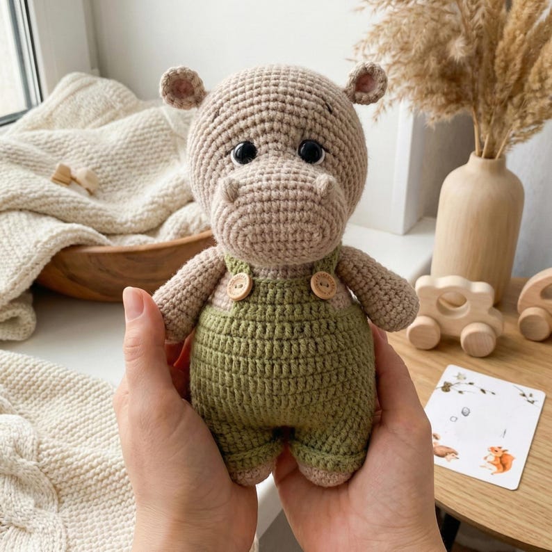 ALT TEXT (5)
1) Crochet hippo doll with beige yarn body and black safety eyes, wearing green overalls with two wooden-style buttons, held in hands.
2) Close-up of amigurumi hippo face showing rounded snout shaping, tiny ears, and glossy safety eyes.
3) Front view of crochet hippo plush in green overalls, showing strap details and button accents on the chest.
4) Nursery-style photo of the crocheted hippo toy held in hands with cozy neutral decor, wooden toys, and dried florals in the background.